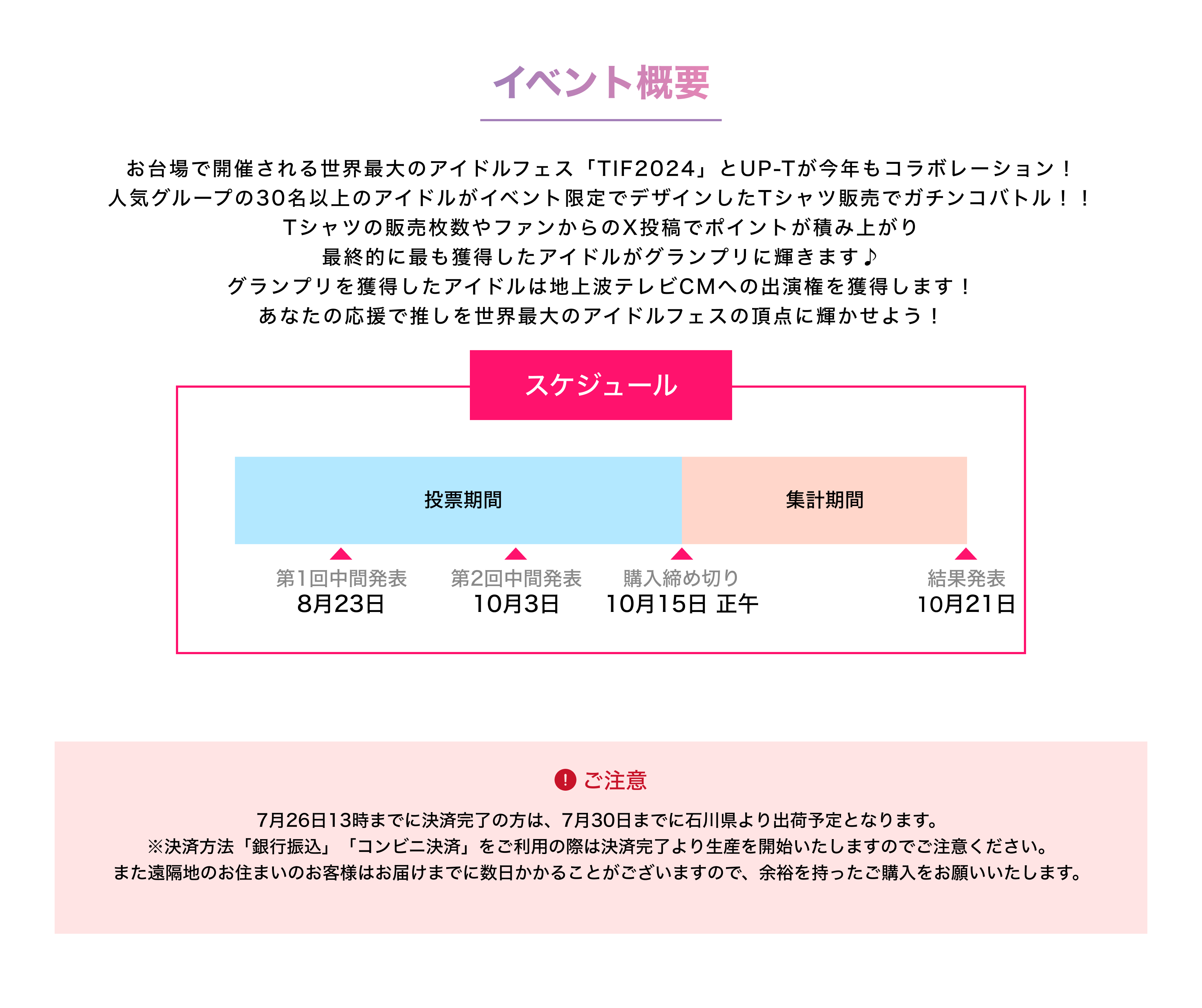 image-イベント概要お台場で開催される世界最大のアイドルフェス「TIF2024」とUP-Tが今年もコラボレーション！ 人気グループの30名以上のアイドルがイベント限定でデザインしたTシャツ販売でガチンコバトル！！ Tシャツの販売枚数やファンからのX投稿でポイントが積み上がり 最終的に最も獲得したアイドルがグランプリに輝きます♪ グランプリを獲得したアイドルは地上波テレビCMへの出演権を獲得します！ あなたの応援で推しを世界最大のアイドルフェスの頂点に輝かせよう！