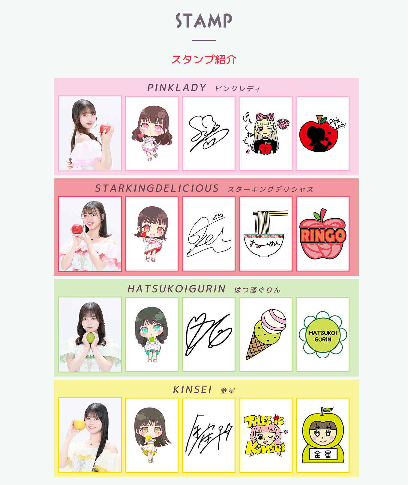 image-STAMP スタンプ紹介pinklady　ピンクレディstarkingdelicious　スターキングデリシャスhatsukoigurin　はつ恋ぐりんkinsei　金星