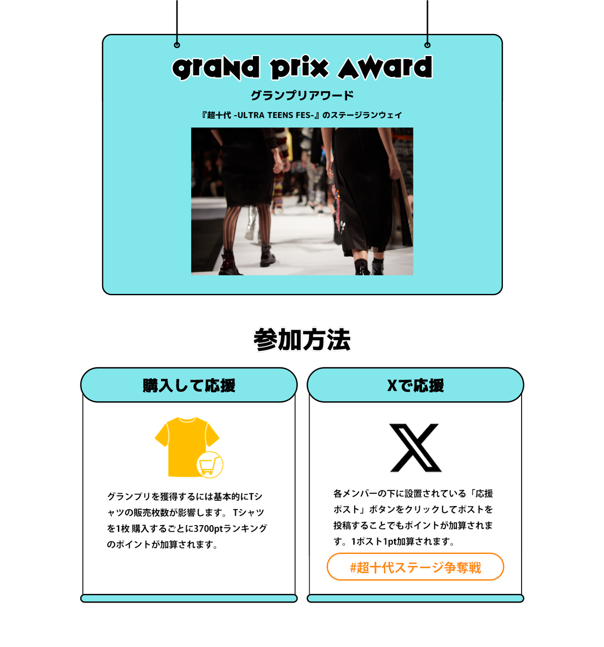 image-グランプリアワード『超十代 -ULTRA TEENS FES-』のステージランウェイ参加方法グランプリを獲得するには基本的にTシャツの販売枚数が影響します。 Tシャツを1枚 購入するごとに370ptランキングのポイン トが加算されます。