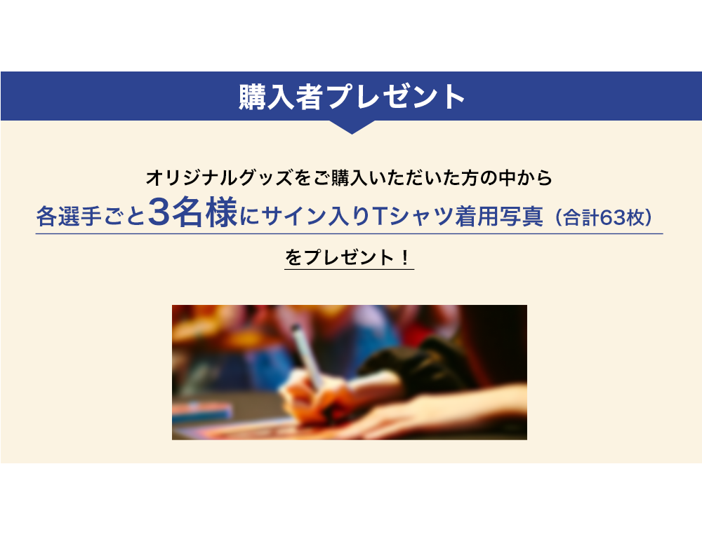image-購入者プレゼントオリジナルグッズをご購入いただいた方の中から 各選手ごと3名様にサイン入りTシャツ着用写真（合計63枚） をプレゼント！