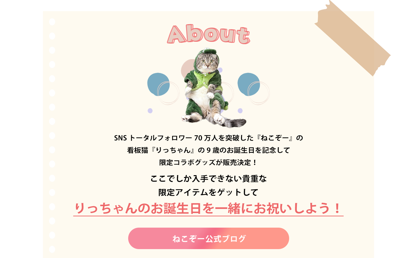 image-SNSトータルフォロワー70万人を突破した『ねこぞー』の看板猫『りっちゃん』の9歳のお誕生日を記念して限定コラボグッズが販売決定！ここでしか入手できない貴重な限定アイテムをゲットしてりっちゃんのお誕生日を一緒にお祝いしよう！