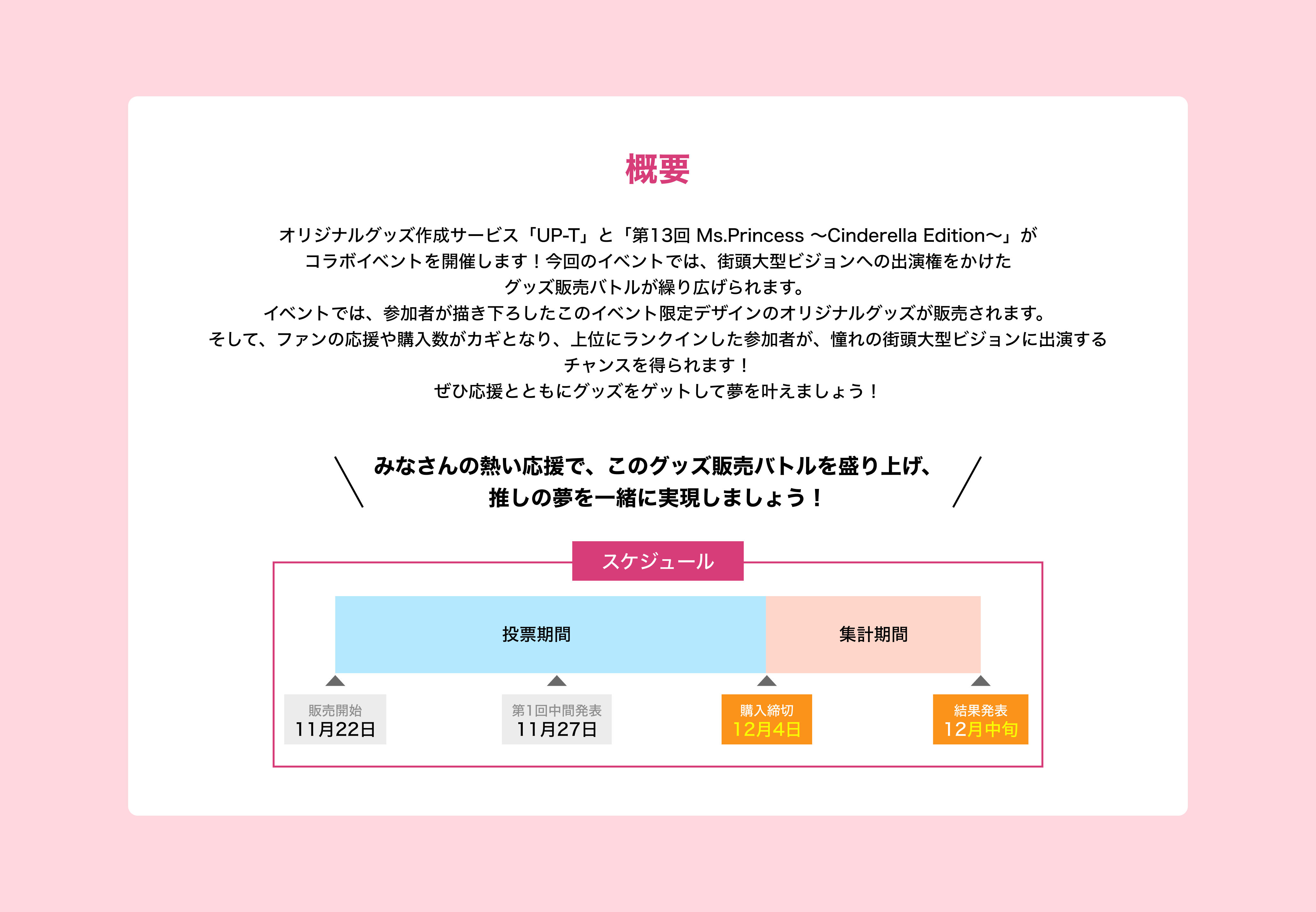 image-イベント概要　オリジナルグッズ作成サービス「UP-T」と「Ms. Princess Resort Edition supported」が コラボイベントを開催します！今回のイベントでは、街頭大型ビジョンへの出演権をかけた グッズ販売バトルが繰り広げられます。 イベントでは、参加者が描き下ろしたこのイベント限定デザインのオリジナルグッズが販売されます。 そして、ファンの応援や購入数がカギとなり、上位にランクインした参加者が、憧れの街頭大型ビジョンに出演するチャンスを得られます！ ぜひ応援とともにグッズをゲッ